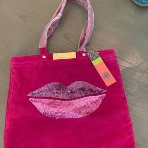 ❤️NWT RARE Tory Burch "Meet the Lips" Pink Bling Suede Large Tote Handbag-$375